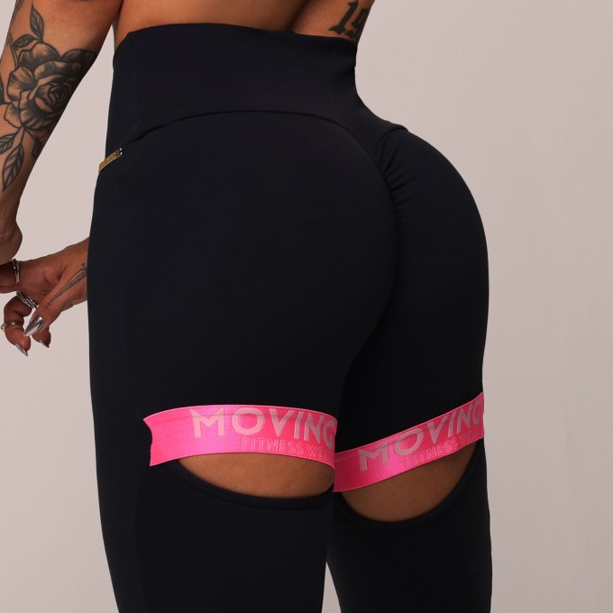 Legging Intense Empina Bumbum Preta com Elastico Rosa Neon